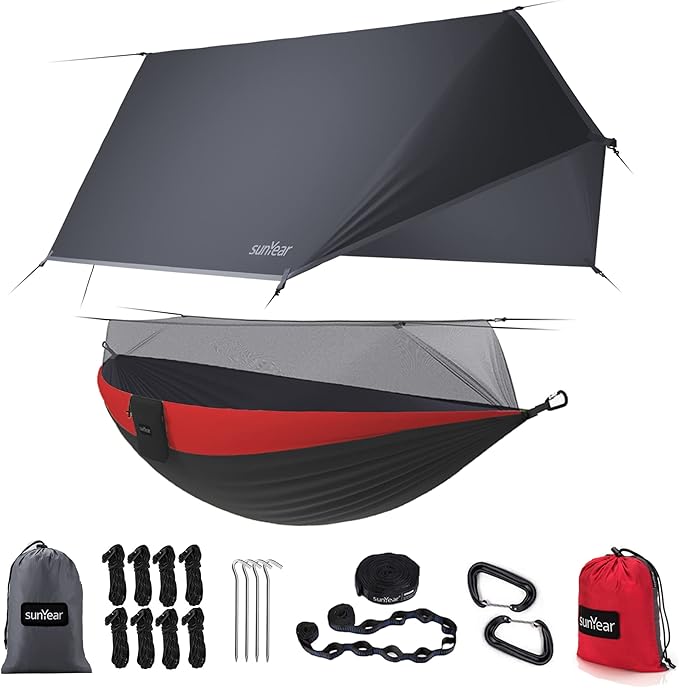 Hammock with Rain Fly and Insect Net, 118 x 78 in, Red/Black
