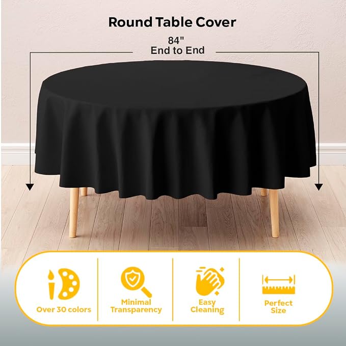 Exquisite Black Round Tablecloths Plastic Table Cloth Disposable 48 Pack 84" - Image 2
