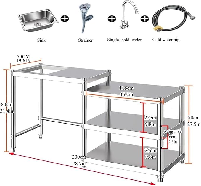Free Standing Utility Sink, Stainless Steel Kitchen Baker Rack Shelf, Single - Image 7