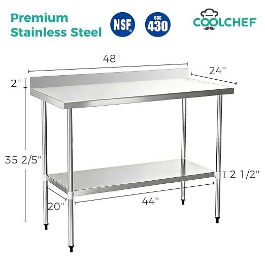 Stainless Steel Work Table 24 x 48 Inch, NSF Commercial Prep Table - Image 2