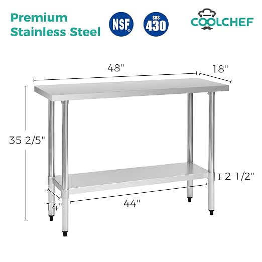 Stainless Steel Work Table 18 x 48 Inch, NSF Commercial Prep Table - Image 2