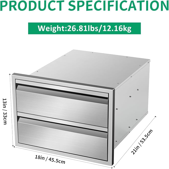 Outdoor Kitchen Drawers 18" W x 13" H x 21" D Stainless Steel Double Drawers - Image 2