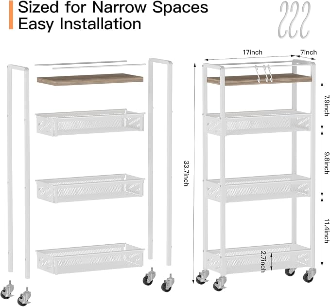DGSNADGO Slim Rolling Storage Cart, 4-Tier Kitchen Cart on Wheels, Narrow - Image 4