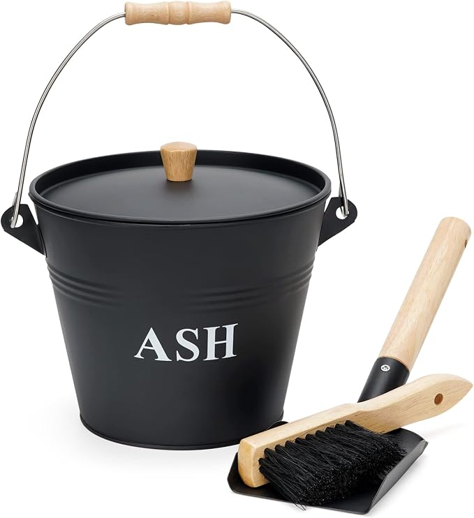 Mini Ash Bucket with Lid, Shovel and Broom, 1.5 Gallon Fireplace Metal Bucket by INNOSTAGE