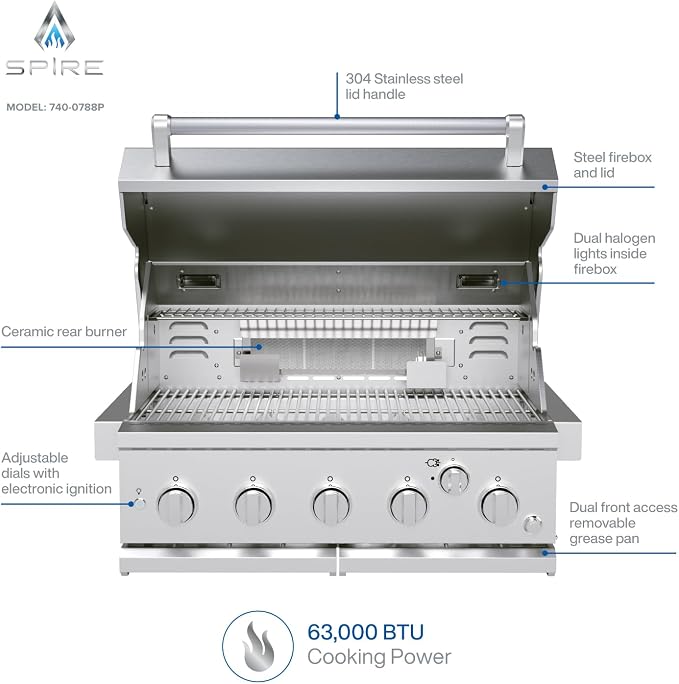 Spire Premium 5 Burner Built In Gas Grill Island Head, Stainless Steel 30 Inch - Image 2