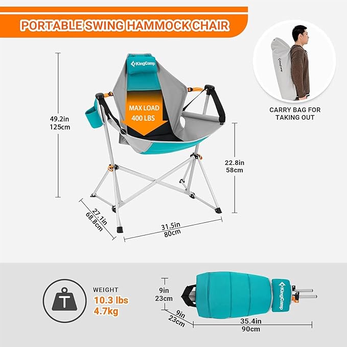 Hammock Chair Swing, Cyan Aluminum Frame, Quick-Open Folding