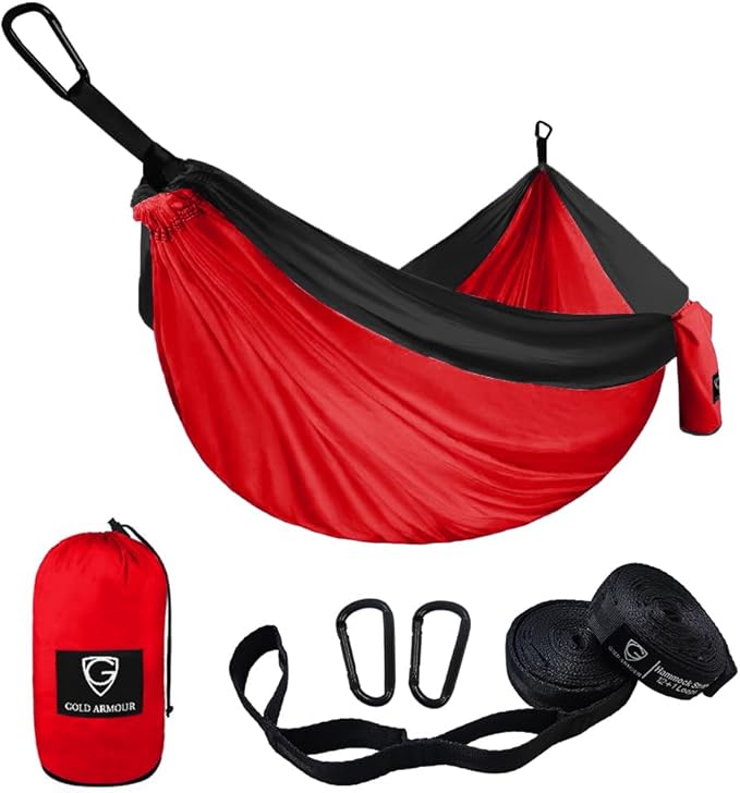 Double Camping Hammock, Extra Large Parachute Nylon in Red and Black