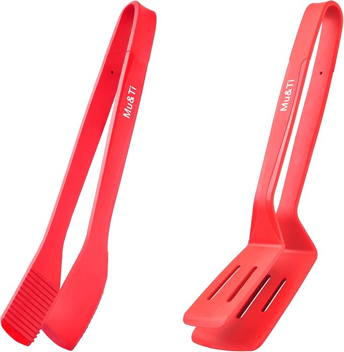 Tongs with Spatula, Silicone-Coated Steel, 11.4 Inch, Red