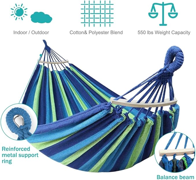 Hammock for Camping: 320G Canvas, 550 lb Capacity, Blue Green