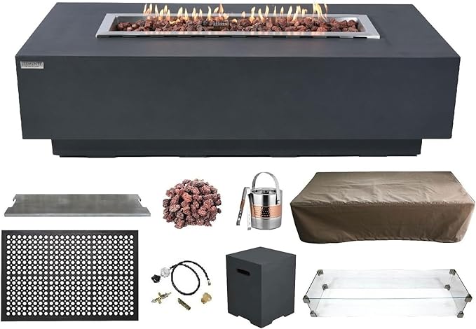 Elementi | Bundle Granville Gas Fire Pit Cast Concrete 60" Rectangular Fire by AMSFireplaceInc