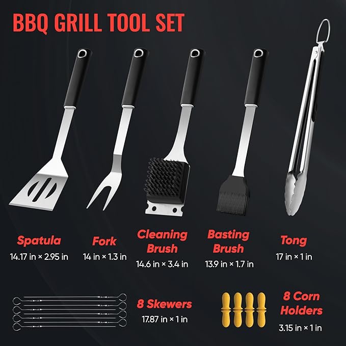 Barbecue Grill Tool Set, Stainless Steel with Tongs, Spatula, Fork and Knife