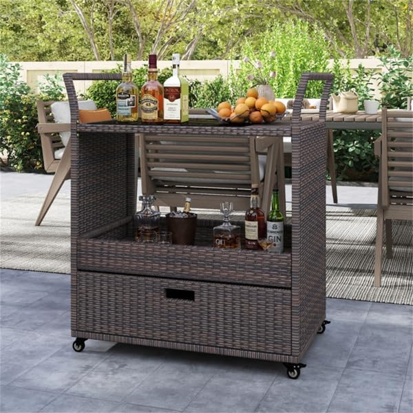 Outdoor Wicker Bar Cart with Drawer, PE Rattan Serving Trolley with Glass Top & - Image 9