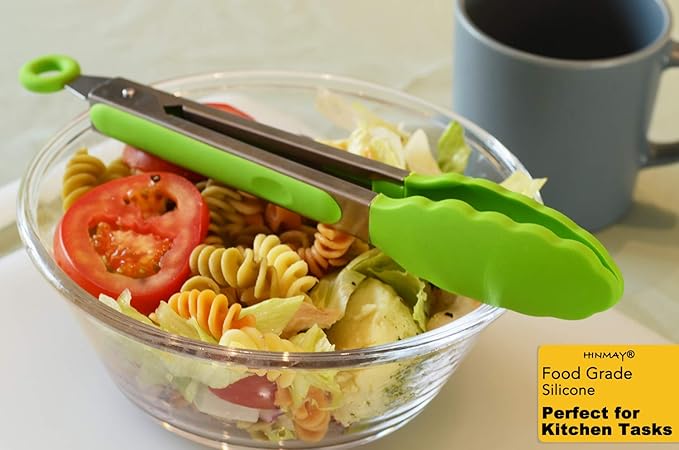 Tongs 9-Inch Green Silicone with Locking Stainless Steel, Pack of 3