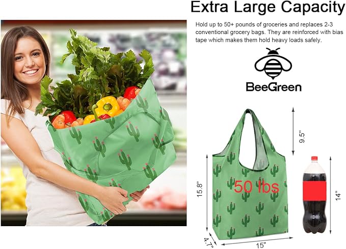 BeeGreen Geometry Reusable Grocery Bags Bulk 6 Packs X-Large, Reusable Shopping - Image 8