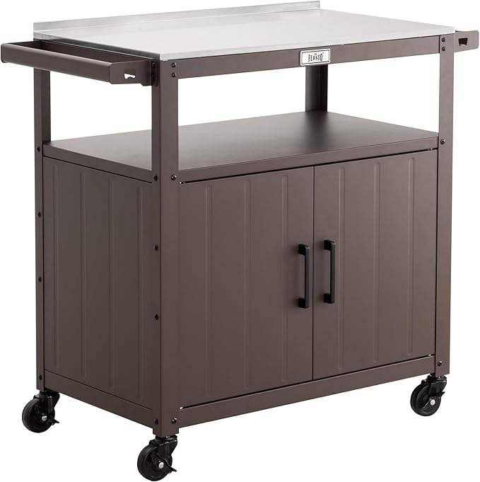 Outdoor Grill Cart with Stainless Steel Tabletop and Storage Cabinet, Movable by Idealforcook