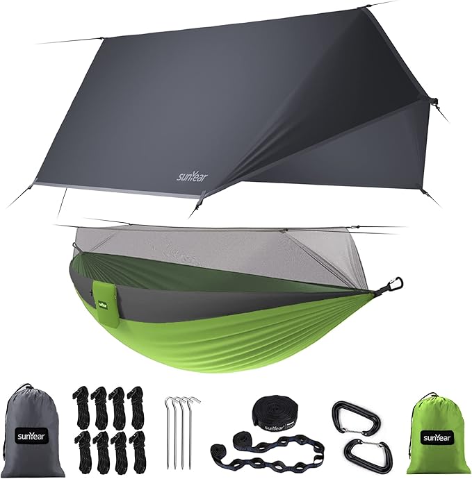 Camping Hammock with Rain Fly and Bug Net, Green/Grey, 118 x 78 in