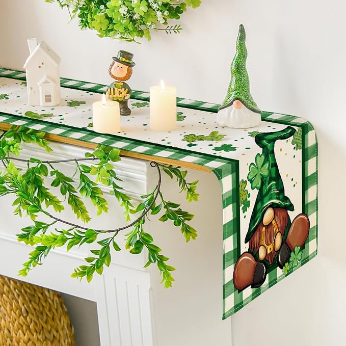 Artoid Mode Shamrock Lucky Buffalo Plaid Gnomes St. Patrick's Day Table Runner - Image 7