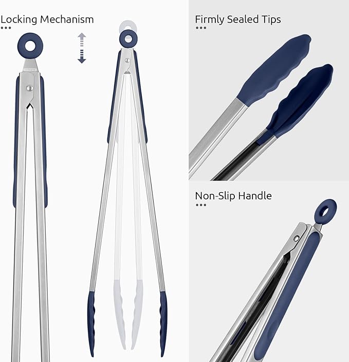 Grilling Tongs, 16-Inch Stainless Steel with Silicone Tips, Midnight Blue