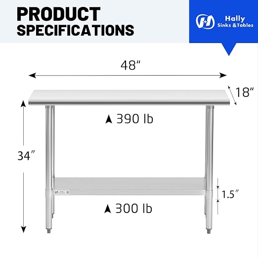 Hally Stainless Steel Table for Prep & Work 18 x 48 Inches, NSF Commercial - Image 3
