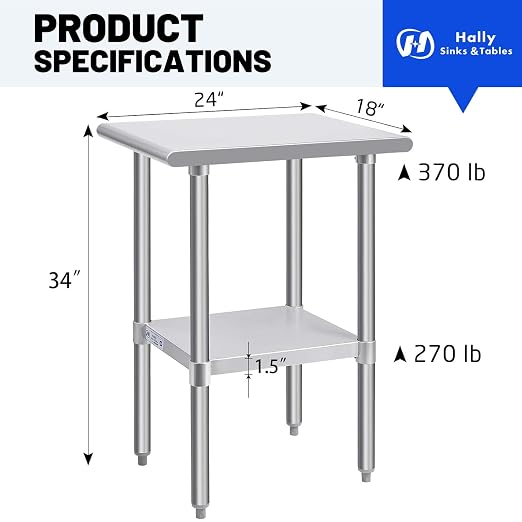Hally Stainless Steel Table for Prep & Work 24 x 18 Inches, NSF Commercial - Image 3