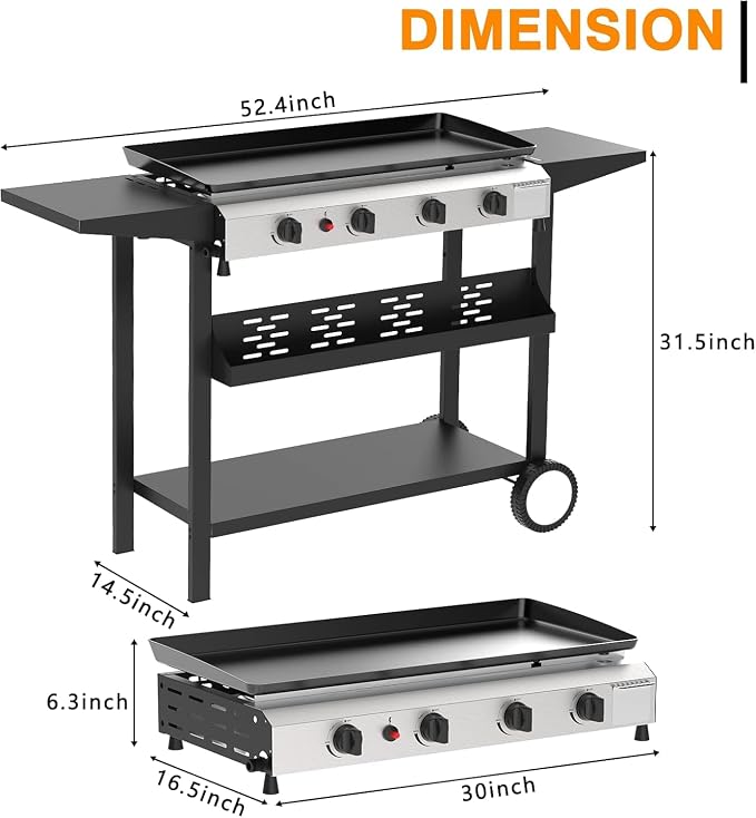 4 Burner Flat Top Grill, 30 Inch Stainless Steel Tabletop Portable Propane - Image 7