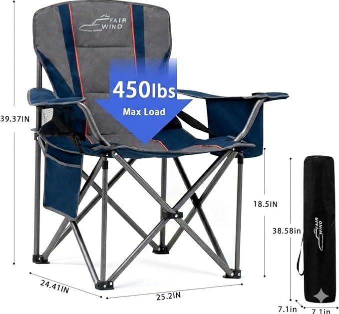 Camping Chairs, 2-Pack Blue Heavy-Duty Folding Chairs with Built-In Cooler