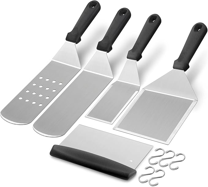 Barbecue Tool Set, 5 Piece Stainless Steel Griddle Tools with Black Handles