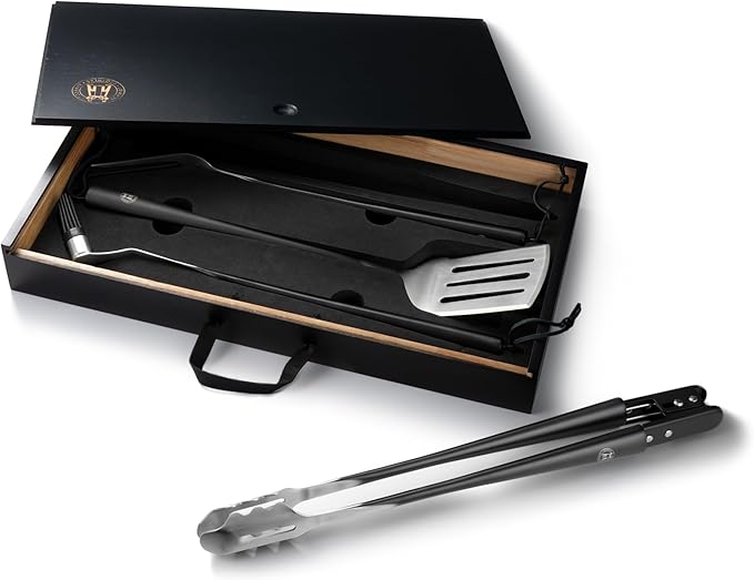 Barbecue Tool Set, 4-Piece Stainless Steel with Wood Storage Block