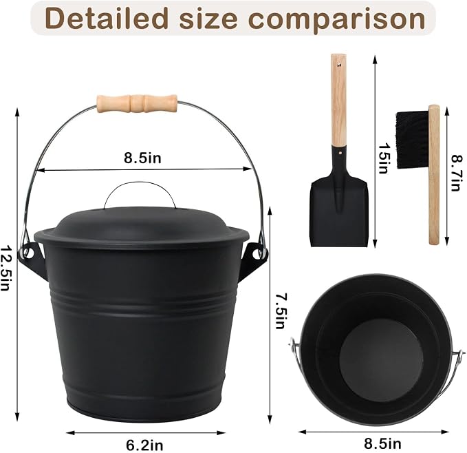Poofzy Ash Bucket with Lid, Small Fireplace Ash Bucket with Lid and Shovel - Image 2