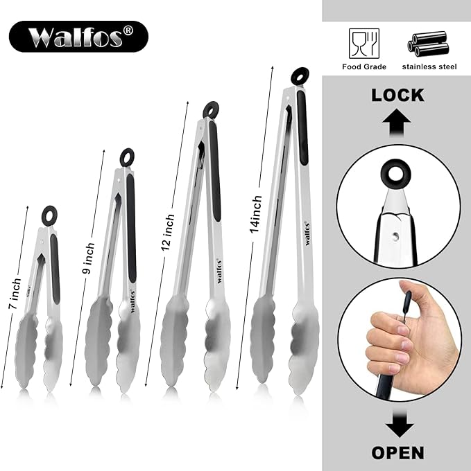 Tongs 4-Piece Stainless Steel Set with Silicone Grip and Locking Ring