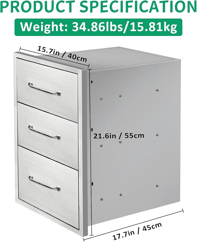 Outdoor Kitchen Drawers 15.7" W x 21.6" H x 17.7" D Stainless Steel Triple - Image 2