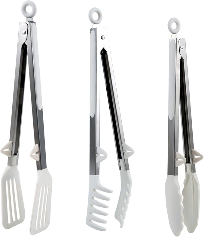 Silicone Tip Tongs Set of 3, 12-Inch Stainless Steel, White
