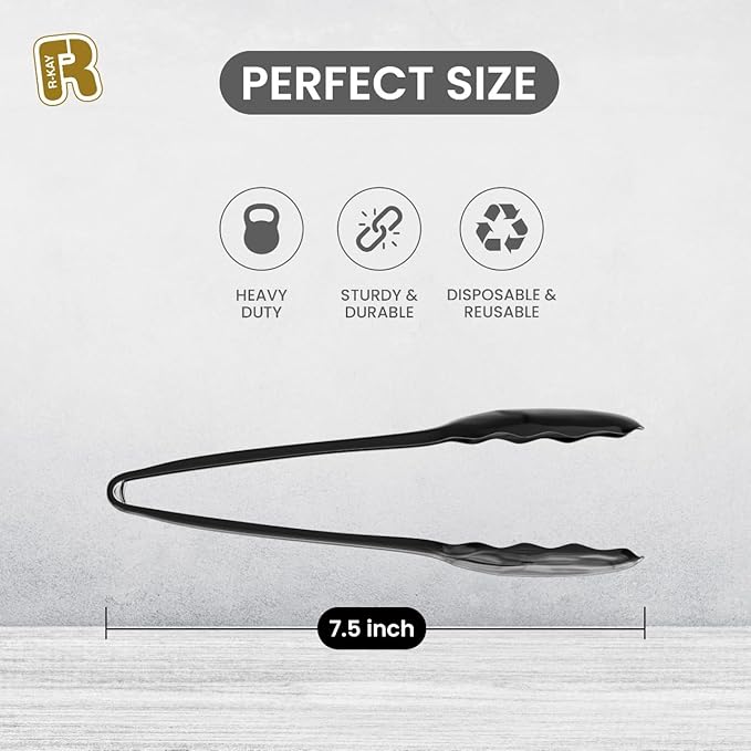Disposable Tongs, 12 Count Large Black Plastic Serving Tongs