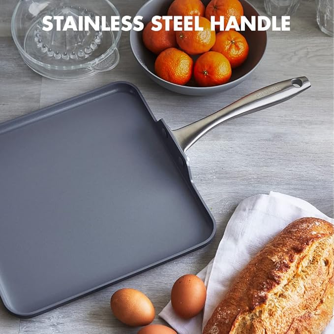 Griddle Pan, 11-Inch Square Ceramic Nonstick, Hard Anodized, Gray