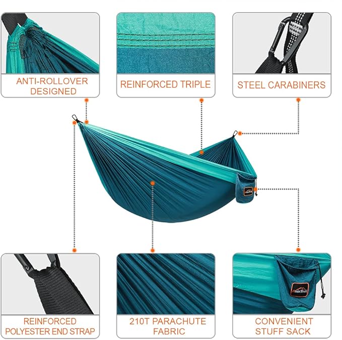 Camping Hammock, 210T Parachute Nylon, 500 lb Capacity, Blue