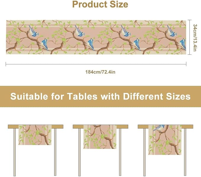 Watercolor Birds Table Runner, Spring Blue Bird Green Tree Table Runner - Image 8