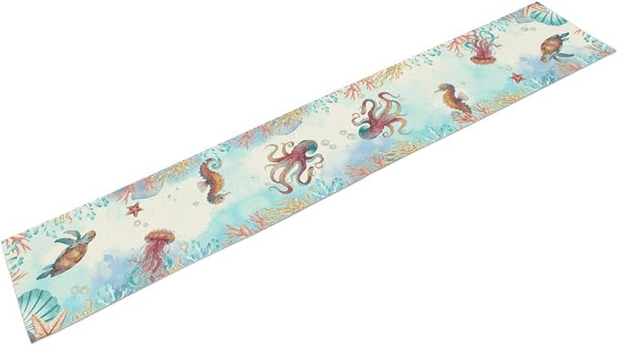 Blue Coastal Table Runner, Nautical Starfish Turtle Seashell Coral Shell Beach - Image 6