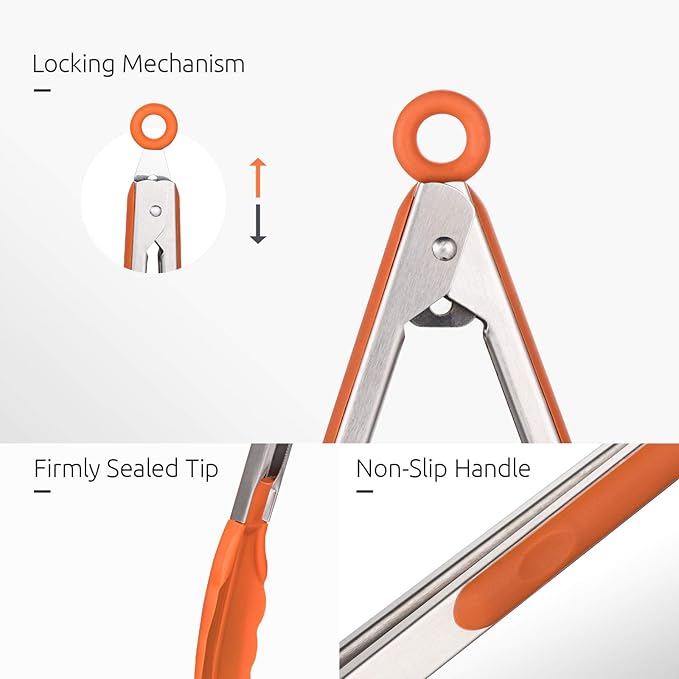 Tongs in Orange with Silicone Tips, 7, 9 and 12 Inch Sizes