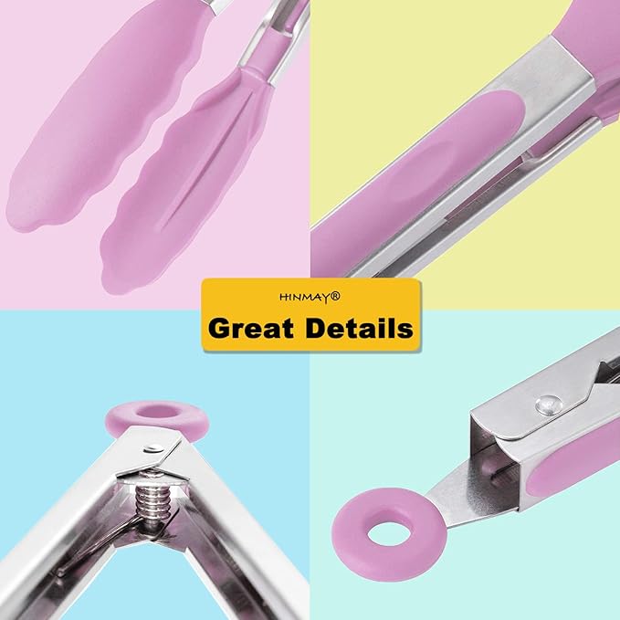 Tongs 3-Pack, 9-Inch Pink Silicone Tips with Stainless Steel Handles