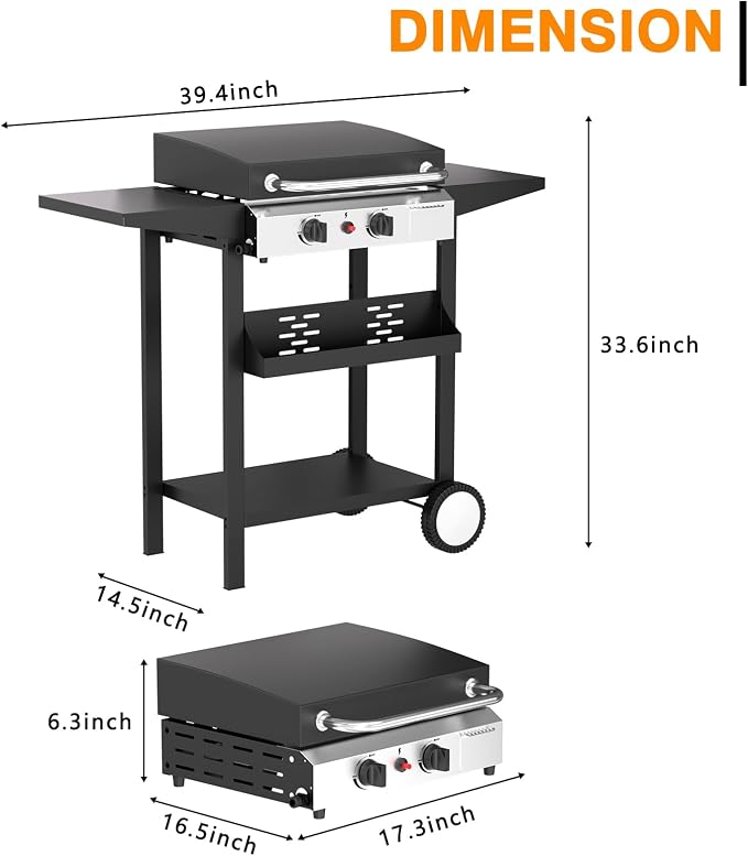 2 Burner BBQ Gas Griddle with Hood, 17.3 Inch Stainless Steel Portable - Image 8
