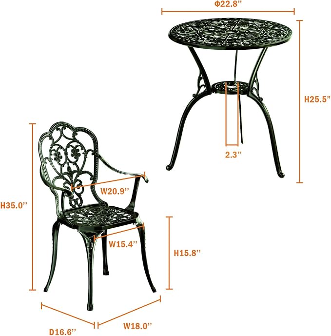 Patio Bistro Set of 2, Cast Aluminum, Outdoor Set w/Umbrella Hole, 3 Piece - Image 2