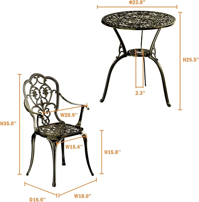 Patio Bistro Set of 2, Cast Aluminum, Outdoor Set w/Umbrella Hole, 3 Piece - Image 3