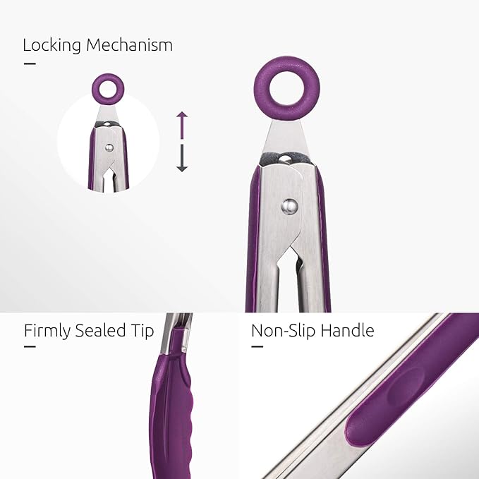 Cooking Tongs with Silicone Tips, 7, 9 and 12 Inch Stainless Steel, Purple