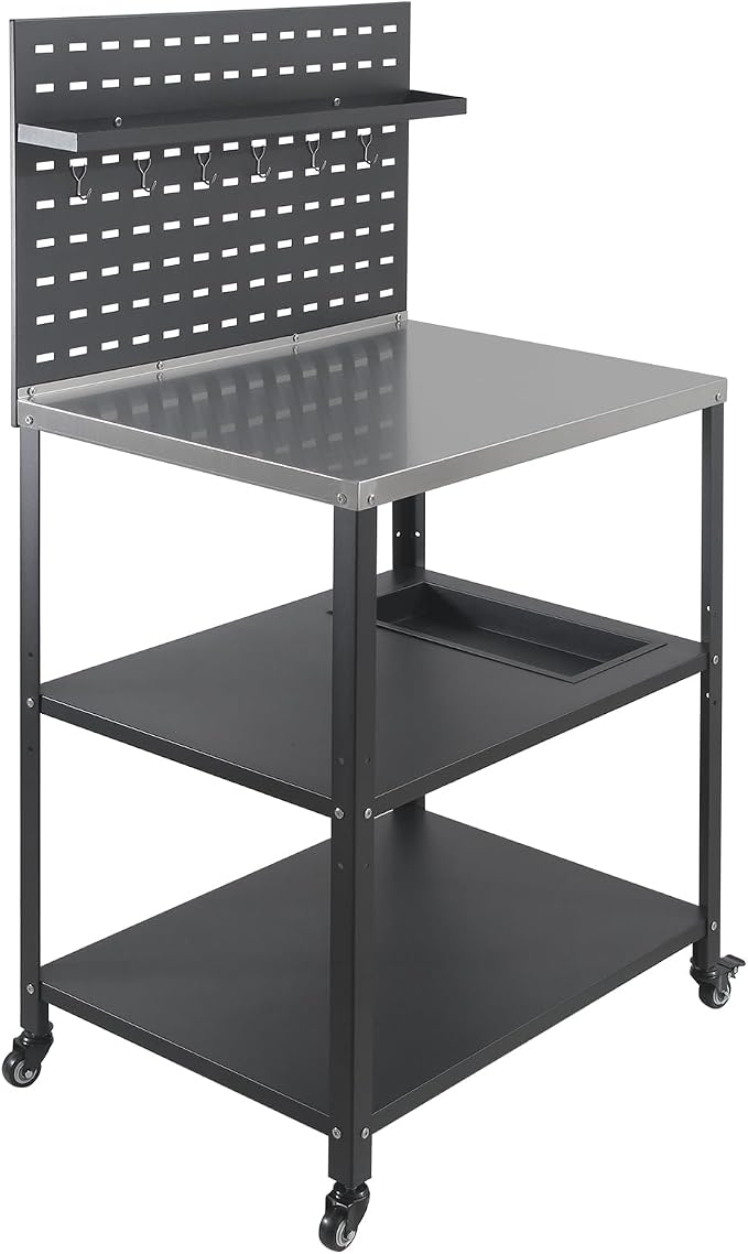 Three-Tier Grill Cart with Hanging Plate, Grill Table with 2 Locking Casters - Image 8