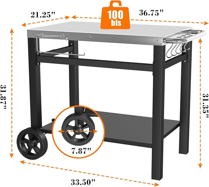 Grill Table, Movable Dining Cart, Pizza Oven Table Stand, Double-Shelf Grill - Image 7