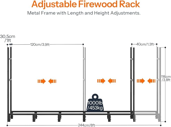 HOOBRO 8FT Firewood Rack with Cover, Outdoor Firewood Log Rack, Adjustable Log - Image 6