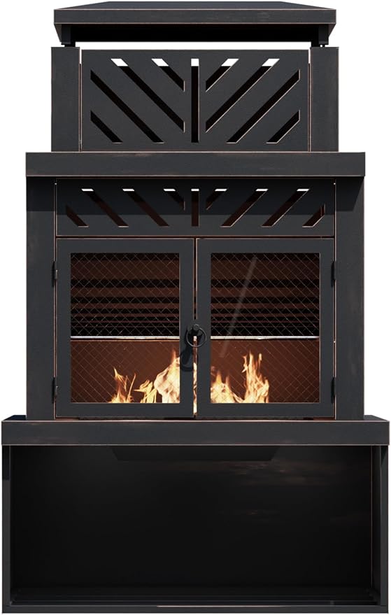 Outdoor Fireplace with Chimney and Wood Storage, Metal Wood Burning Fire Pit - Image 8