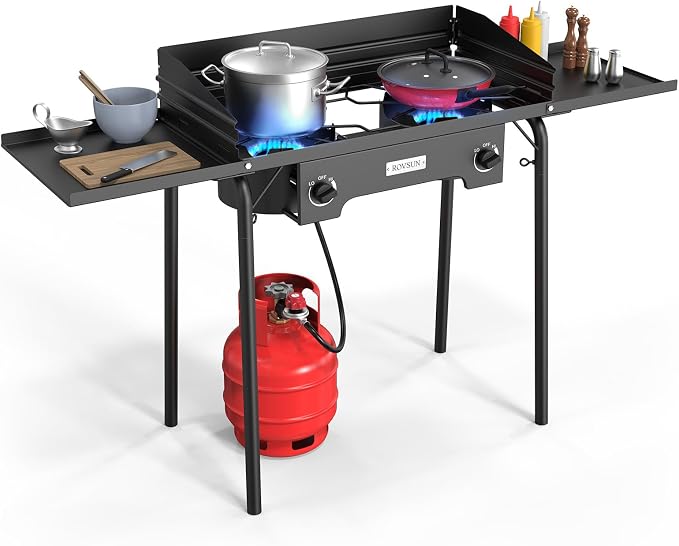 ROVSUN 2 Burner Gas Stove with Side Shelves, 000 BTU Portable Propane Stove by ROVSUN