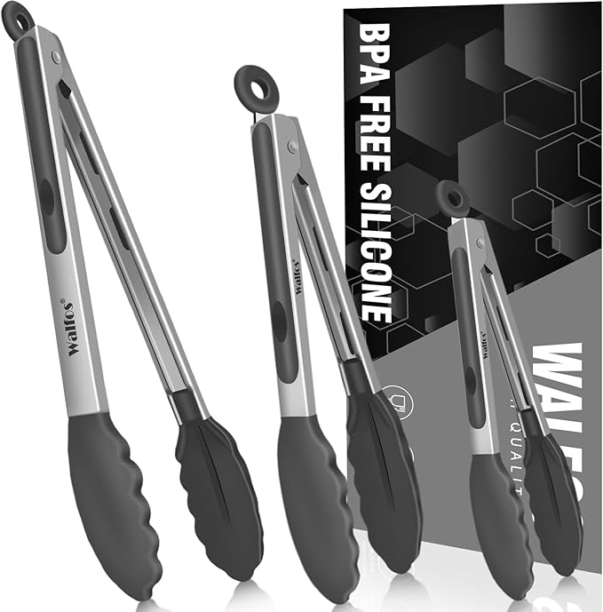 Tongs Set, 3 Sizes 7/9/12 Inch, Silicone Tips, Dark Grey
