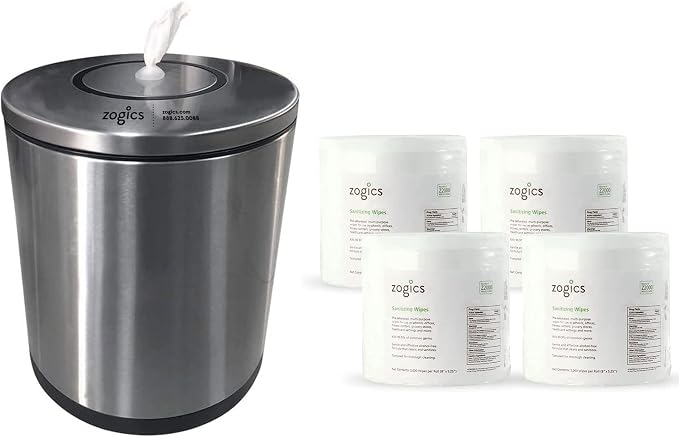 Zogics Sanitizing Wipes and Tabletop Stainless Steel Wipe Dispenser by Zogics